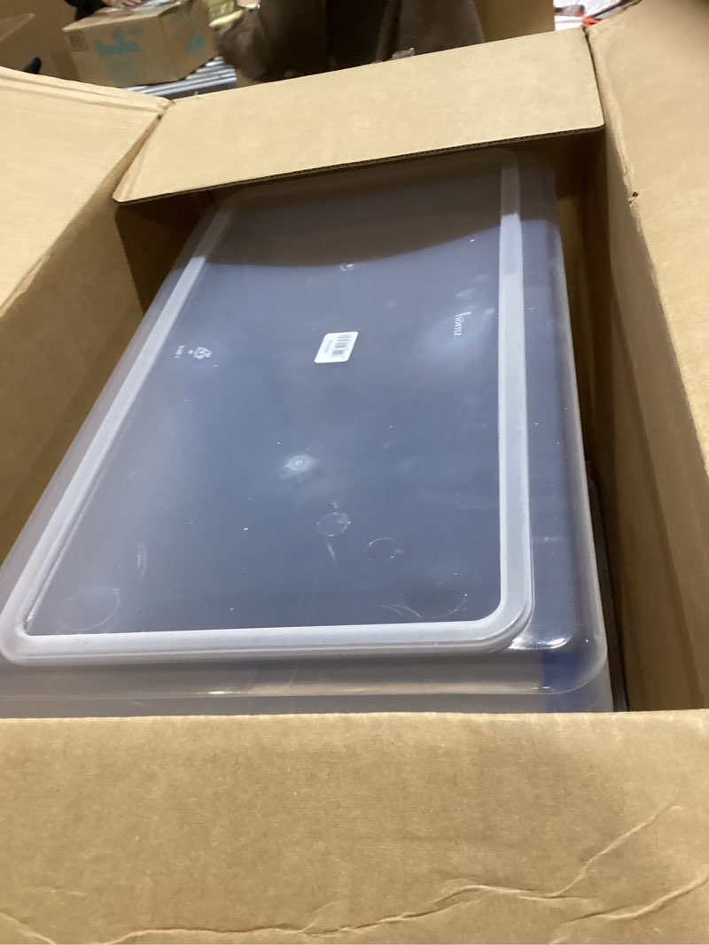 Condition photo showing As Is for HOMZ 2-Pack Latching Lid, Clear Plastic Storage Organizer Bins, 112 Quart, Blue Latch - Stackable Organizing Containers for Home, Garage, and Office Blue 112 QT (2 Pack)