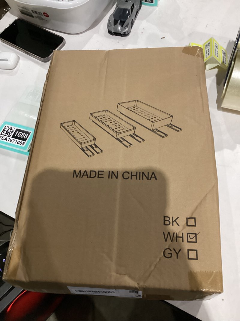 Condition photo showing As Is for WRISIN 3 Pack Pull Out Cabinet Organizer, Multi-Purpose Slide Out Drawers for Kitchen Cabinets, Bathroom, Pantry Organizer, Roll Out Shelf for Home Organization and Storage (White)