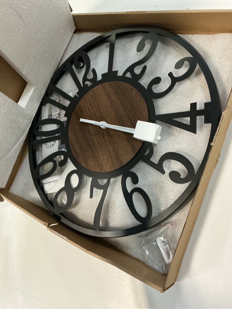 Condition photo showing Good Condition for maxstar round wall clock for living room decor battery operated non ticking black metal wood clocks for home living room garden office kitchen decoration -16 inch black-arabic numerals 16 inch