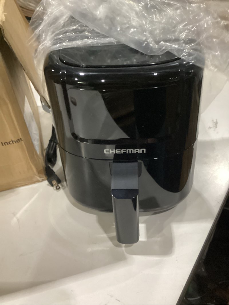 Condition photo showing As Is for chefman 2 qt mini air fryer – digital space-saving compact air fryer with nonstick and dishwasher safe basket, quick & easy meals in minutes, features digital timer and shake reminder – black 2 quart black, not tested