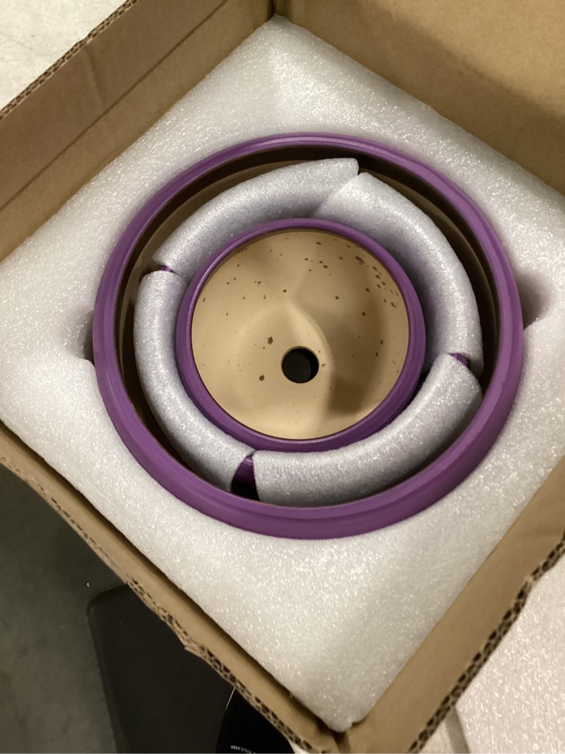 Condition photo showing New/Like New for soujoy set of 3 ceramic flower pots, gardening plant pot with drainage holes and saucer, 7/5/4 inch purple round succulent herbs cactus planter for indoor outdoor