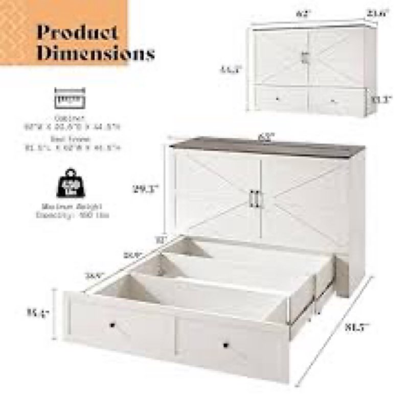 amerlife queen size murphy bed-box1-white+ barnwood