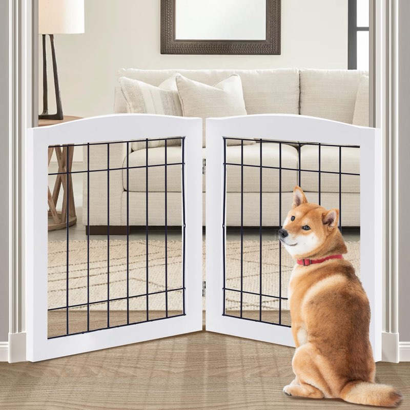 lzrs dog gate indoor freestanding,wire pet gate foldable wooden dog gate for doorways, stairs and hallways, oak cherry,24" height-2 panels