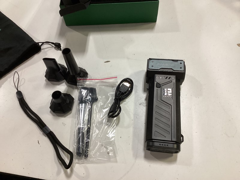 Condition photo showing As Is for (incomplete) electric compressed air duster 150mph wind speed 2 battery-pack 3-gear bldc ultra-powerful brushless motor, for keyboard, computer, house, indoor and outdoor