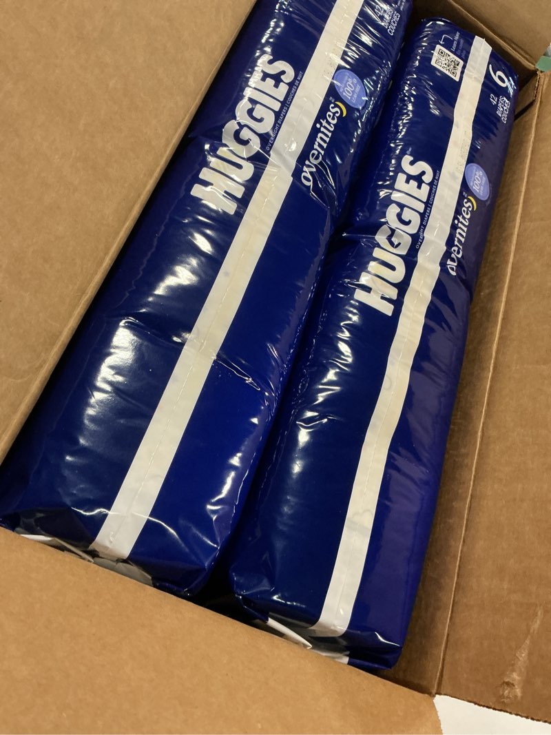 Condition photo showing New/Like New for huggies size 6 overnites baby diapers: overnight diapers, size 6 (35+ lbs), 84 ct (2 packs of 42), packaging may vary