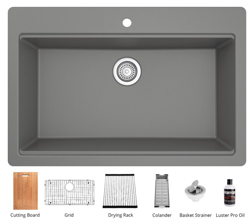 Karran QTWS-875 Top Mount 33 in. Large Single Bowl Quartz Workstation Kitchen Sink in Grey