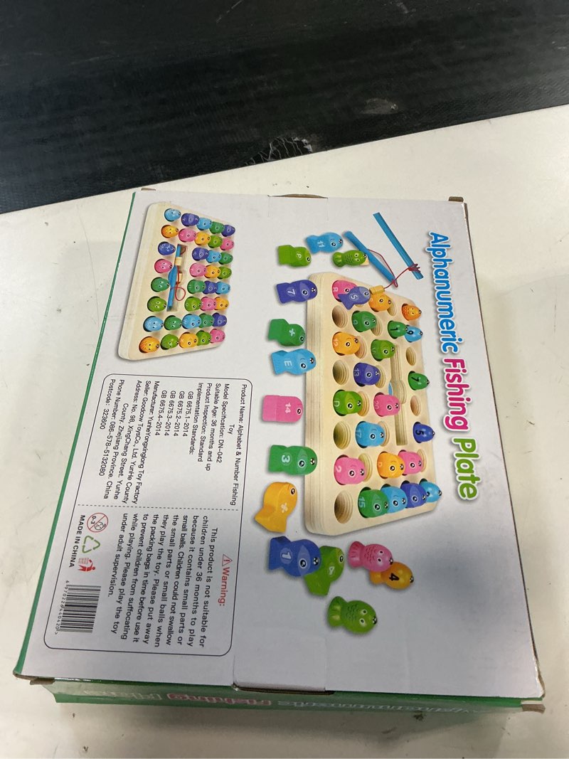 Condition photo showing New/Like New for wood alphanumeric magnetic fishing learning plate- cognitive 36 mos. +