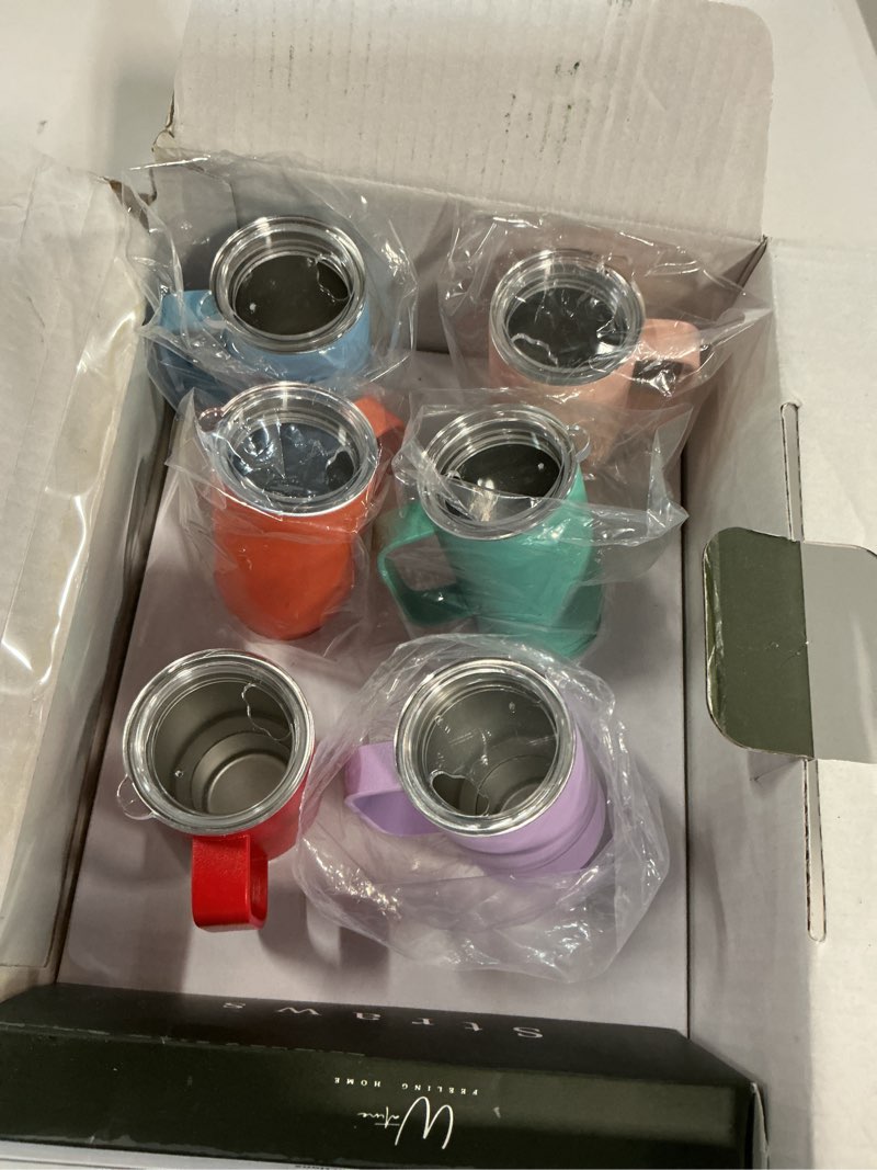Condition photo showing New/Like New for Watine 2.5 oz Mini Tumbler Shot Glass Set with Handle - Stainless Steel, Double Insulated, Cute Shot Glasses, Funny Gifts, Beach Birthday Party Decorations, Mini Fridge Containers - 6 Pack Colored Multicolor