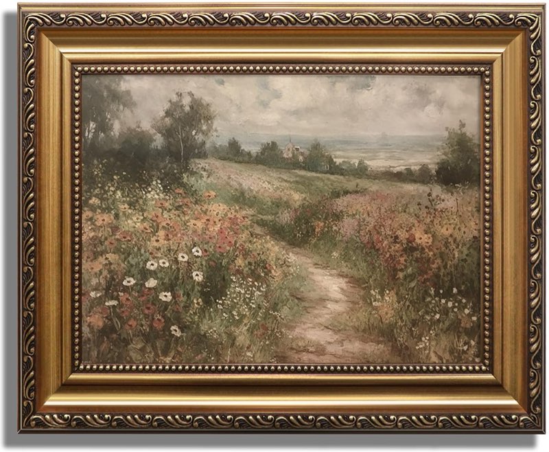 KBKBART Gold Framed Canvas Wall Art for Living Room, Vintage Countryside Wildflower Field Painting F 15” 24” 