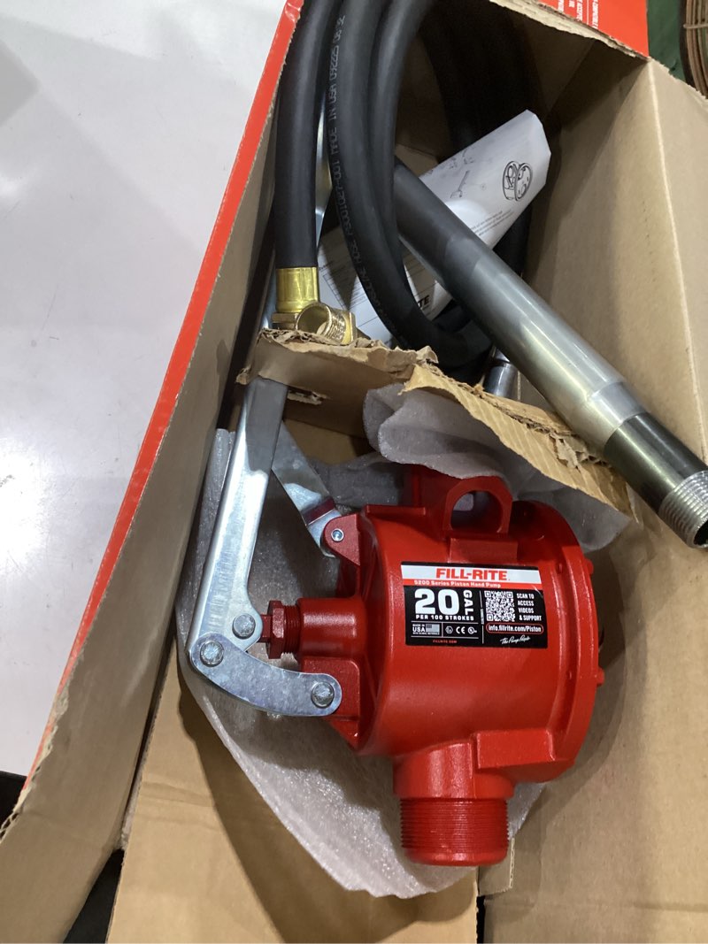 Condition photo showing Good Condition for fill-rite fr152 piston hand pump with hose & nozzle spout, red piston pump w/accessories