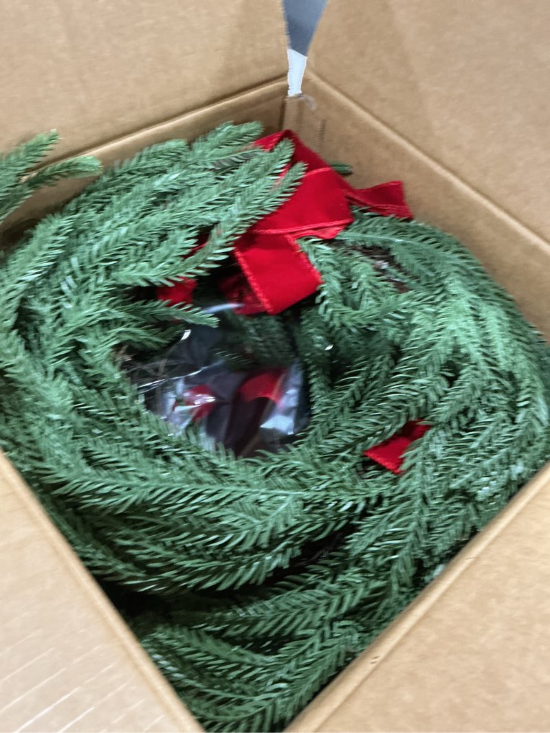 Condition photo showing As Is for Janinka 6 Pcs Christmas Wreath for Windows 11.8 Inch Christmas Window Decorations Cabinet Wreaths with Red Bow Greenery Artificial Hanging Garlands for Fireplaces Window Home (Norfolk) Norfolk 6