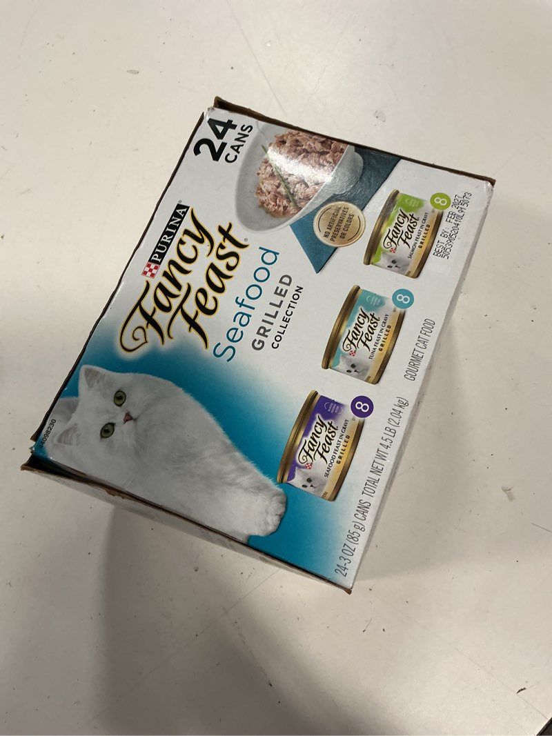 Condition photo showing New/Like New for (BBD :FEB/2027 ) Purina Fancy Feast Grilled Wet Cat Food Seafood Collection in Wet Cat Food Variety Pack - (Pack of 24) 3 oz. Cans