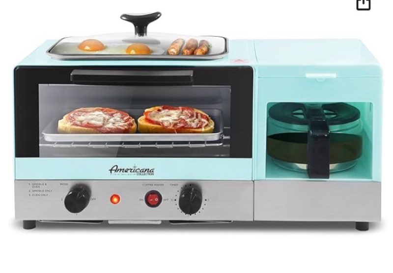 Elite Gourmet Americana 2 Slice, 9.5" Griddle with Glass Lid, 3-in-1 Breakfast Center Station, 4-Cup Coffeemaker, Toaster Oven with 15-Min Timer, Heat Selector Mode, Blue