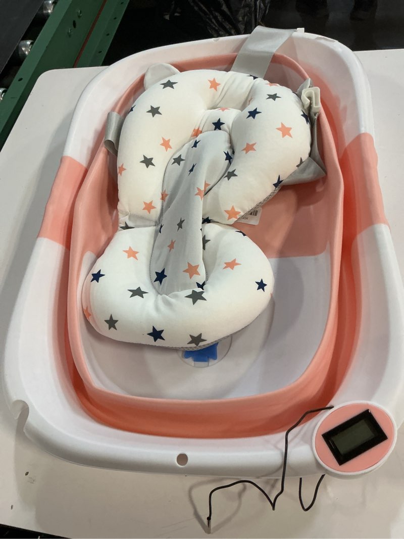 Condition photo showing As Is for MoreFeel Collapsible Baby Bathtub for Newborn with Thermometer & 1 Hooded Towel & 1 Soft Floating Cushion,Portable Travel Bathtub with Drain Hole, Durable Foldable Baby Tubs for Infants to Toddler Bear like Pink
