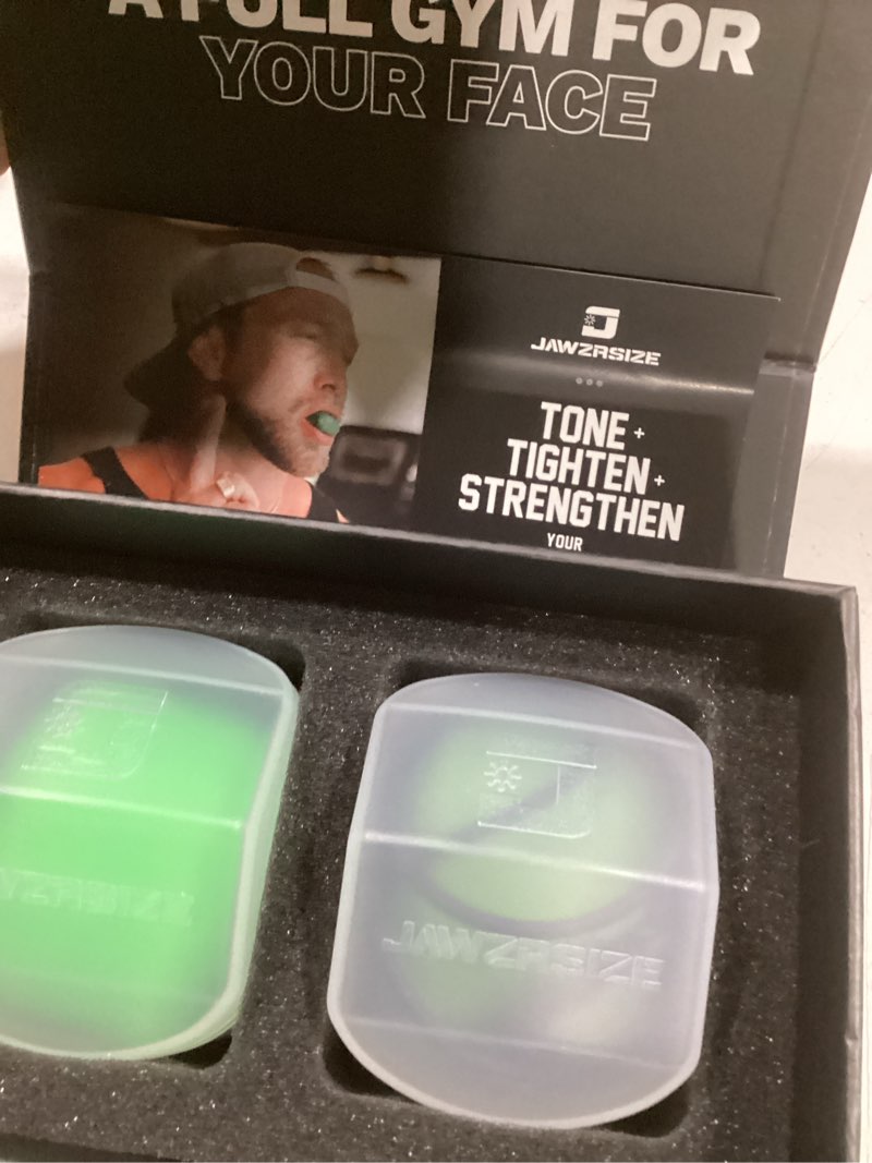 Condition photo showing New/Like New for Jawzrsize Pop N Go and Custom Fit Jaw Enhancer Bundles- Jaw, Face, and Neck Exerciser and Toner Guys Pack