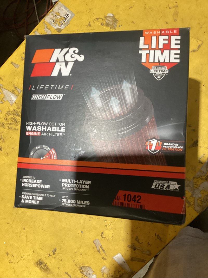 Condition photo showing As Is for k&n high-flow original lifetime universal clamp-on air filter: high performance, premium, washable: flange diameter: 6 in, filter height: 6.5 in, flange length: 1 in, shape: round tapered, ru-1042