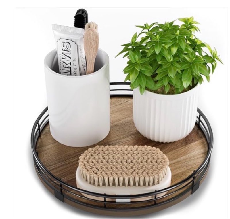 Acacia Wood 9" Bathroom Vanity Tray Turntable, Farmhouse Round Bathroom Countertop Organizer for Soap Perfume, Rotating Organizer for Kitchen Table Centerpieces, Decorative Trays for Coffee Table