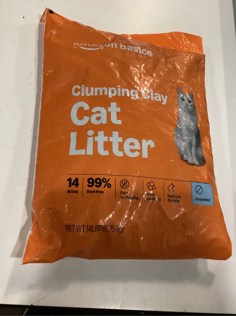 Condition photo showing New/Like New for “unknown best by date ”amazon basics clumping cat litter, unscented, hard clumping formula - 14 lb bag  unscented 14 lbs (pack of 1)