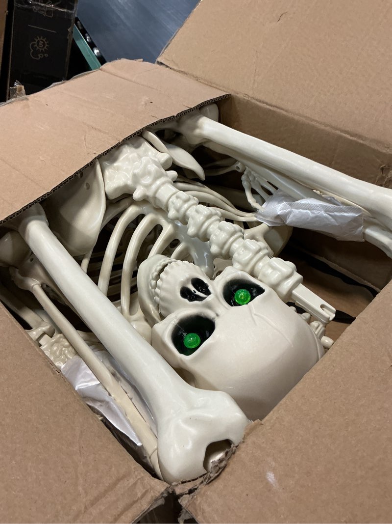 Condition photo showing As Is for 5.4ft halloween skeleton with skeleton dog - life size skeleton with glowing eyes scary creepy sound movable joints full size posable skeleton decor halloween decorations outdoor indoor