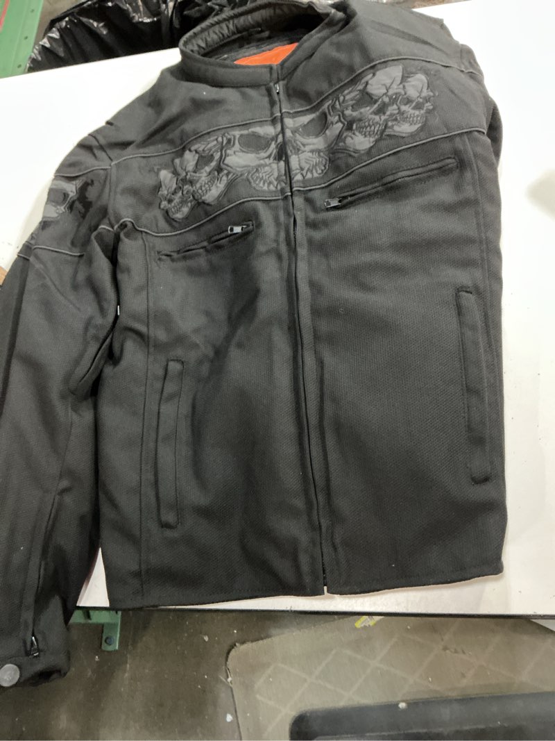 Condition photo showing Good Condition for ( sz l)milwaukee leather mpm1730 men's black padded textile all season motorcycle jacket w/reflective skulls artwork large