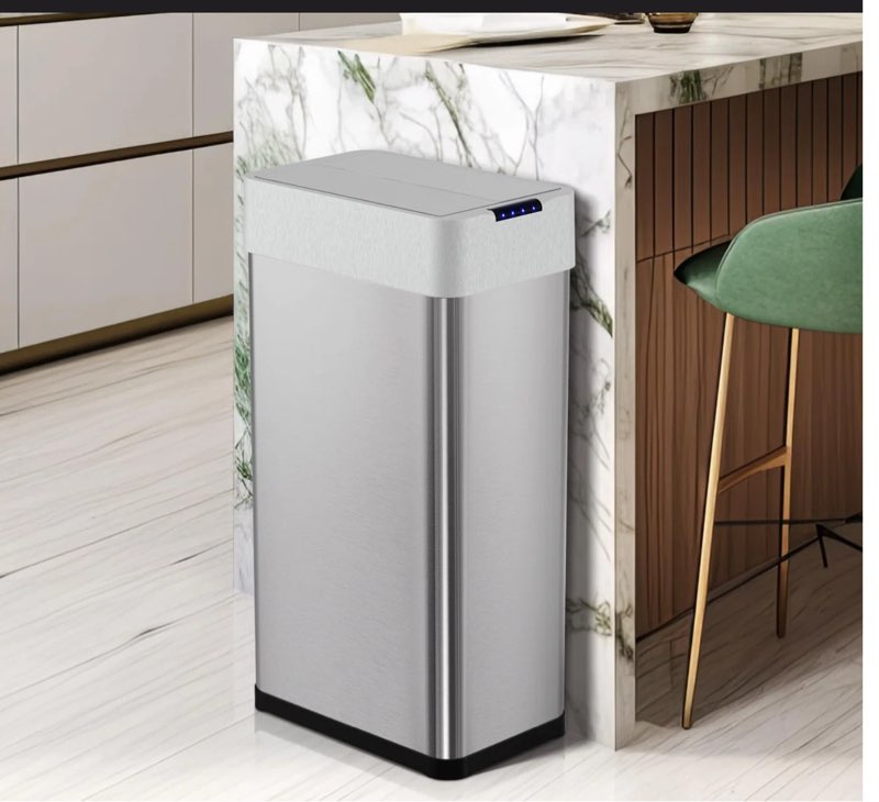 automatic trash can, stainless steel motion sensor garbage bin, touchless brushed wastebasket, w/butterfly, soft-close lid
