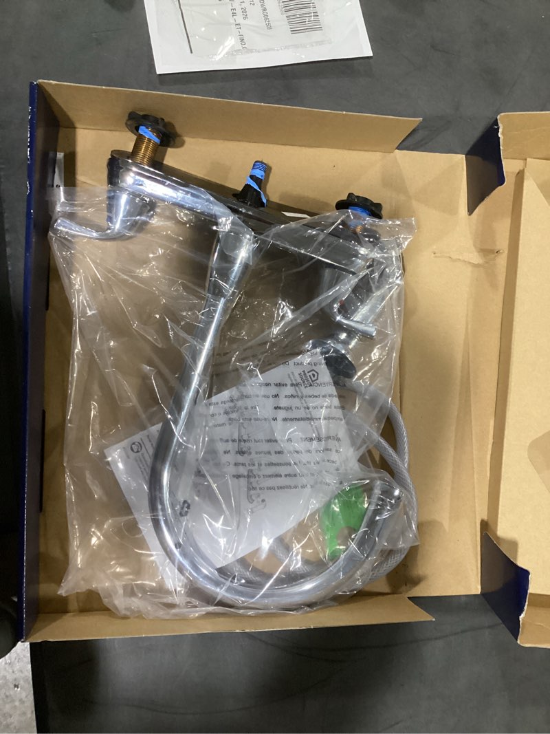 Condition photo showing Good Condition for project source brice polished chrome double handle deck-mount kitchen faucet (includes deck plate) (includes side sprayer)