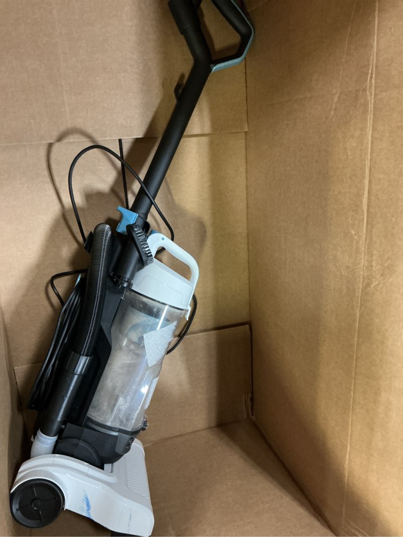 Condition photo showing As Is for amazon basics upright bagless vacuum cleaner for carpet and hard floors, with crevice and upholstery tools, detachable handle, lightweight (8.4 lbs), 1.7l dust cup, 720w, 25ft cord, black/white