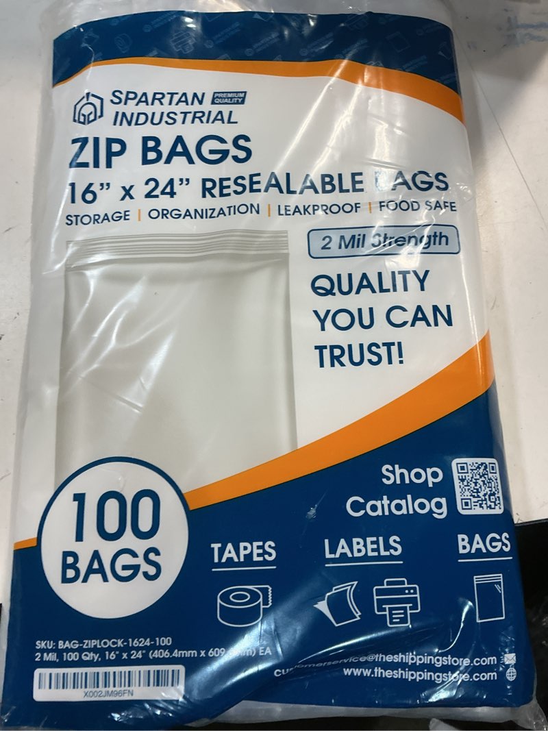 Condition photo showing Good Condition for Spartan Industrial - 16” X 24” (100 Count) 2 Mil Clear Reclosable Zip Plastic Poly Bags with Resealable Lock Seal Zipper