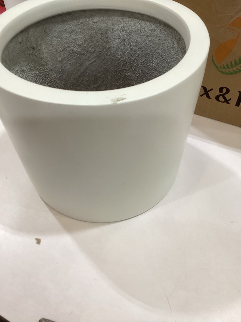 Condition photo showing As Is for kante 12.6" dia round concrete planter, modern style large cylindrical plant pot with drainage hole and rubber plug for indoor outdoor patio, pure white