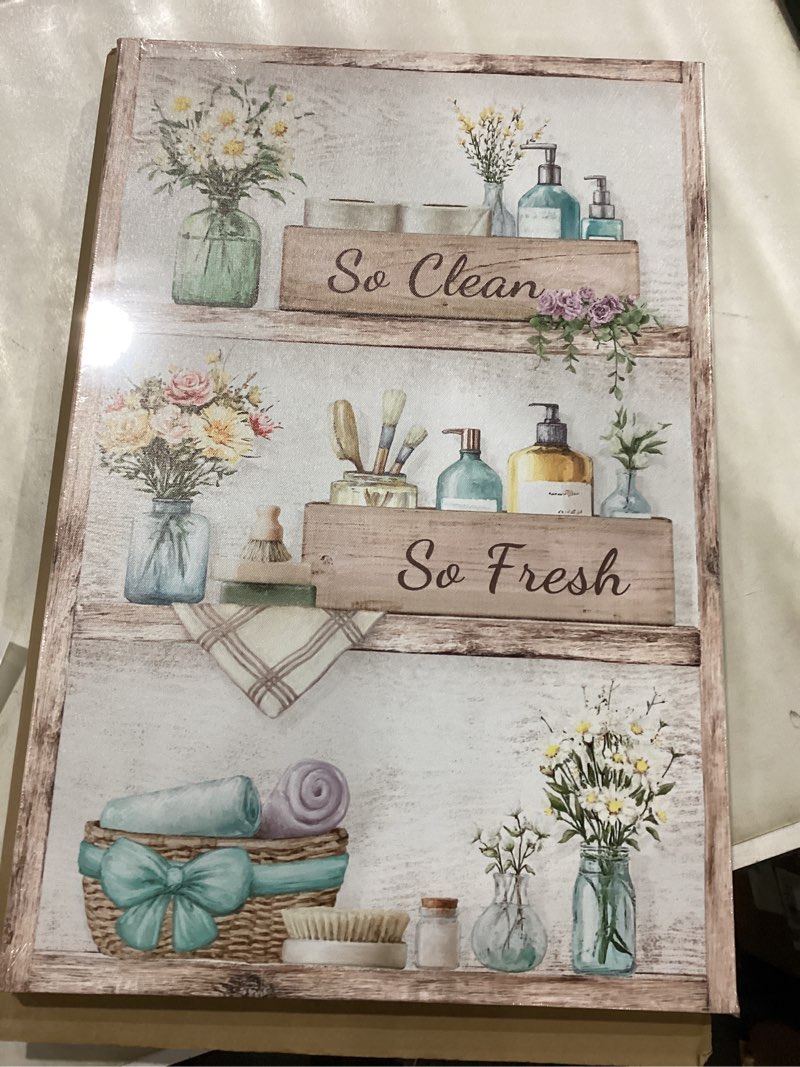 Condition photo showing New/Like New for iKNOW FOTO So Fresh and So Clean Clean Bathroom Wall Art, Rustic Teal Farmhouse Canvas Prints, Bathroom Rules Decor, Laundry Room Signs, Wood Background Framed Artwork, 16x24 Inches Ready to Hang
