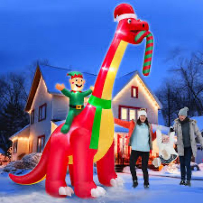 16Ft Ht x 18FT Long Super Giant Christmas Inflatable Dinosaur with Candy Cane Blow Up Yard Decoratio