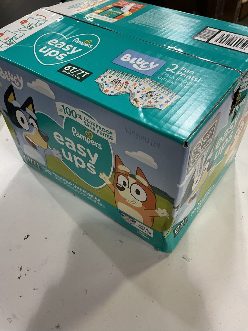 Condition photo showing New/Like New for easy ups girls & boys potty training pants, size 6t-7t, 70 count, bluey absorbent training underwear, up to 100% leakproof day and night, hypoallergenic (packaging may vary) 6t-7t 70