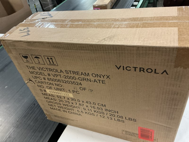 Condition photo showing New/Like New for victrola stream onyx turntable - 33-1/3 & 45 rpm vinyl record player, works with sonos wirelessly, high precision magnetic cartridge, semi-automatic, multiple connections, green finish green stream (works with sonos)