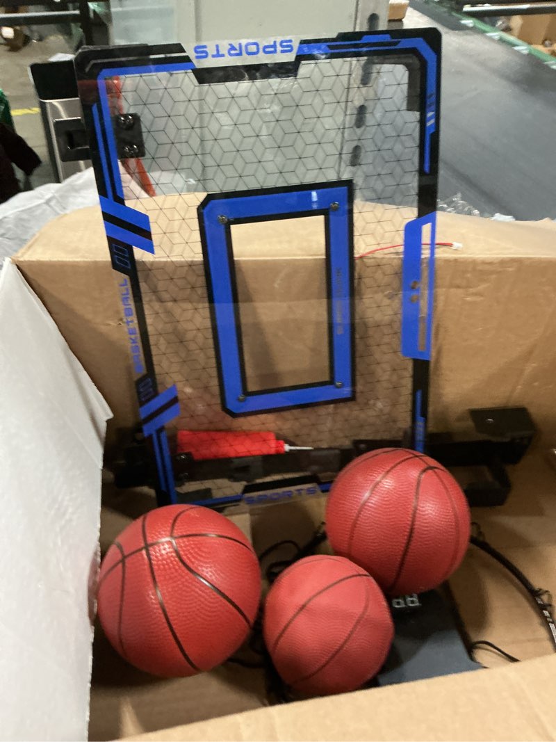 Condition photo showing As Is for joystone indoor basketball hoop for kids, mini basketball hoop with electronic scoreboard, led lights, sounds, over the door basketball game toys gifts 3 balls for kids & adults