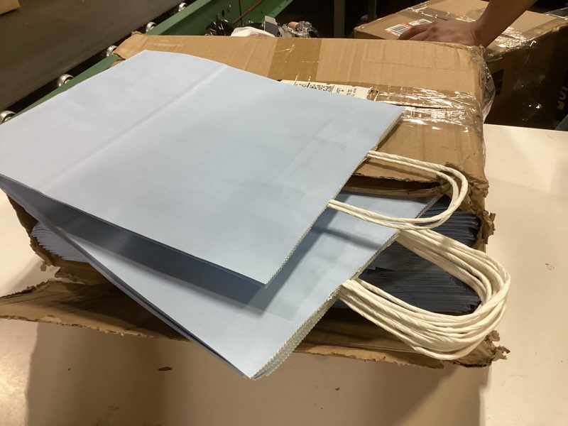 Condition photo showing As Is for qiqee 100pcs gift bag with handles bulk light blue paper bags multiple uses (13''x5 x10 inch large size) light blue 1 count (pack of 100)