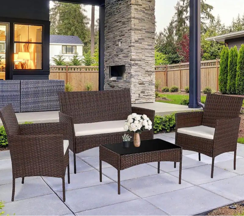 (incomplete only 1 box) Futzca 4 Pieces Outdoor Patio Furniture Sets Rattan Chair Wicker Set - Brown