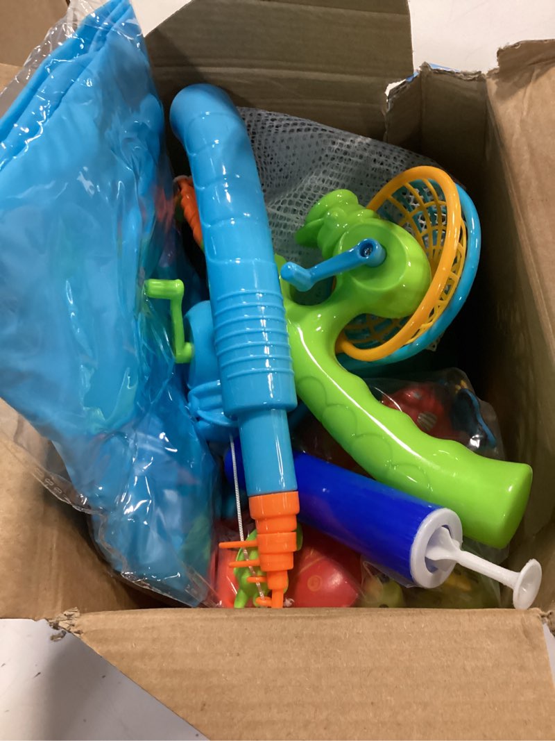 Condition photo showing As Is for niplooow pool fishing toys games, water table bathtub toy with inflatable pool pole rod net plastic floating fish, birthday gifts for kids age 3 4 5 6 year old,kids outdoor toys 60pcs + large fishing pool