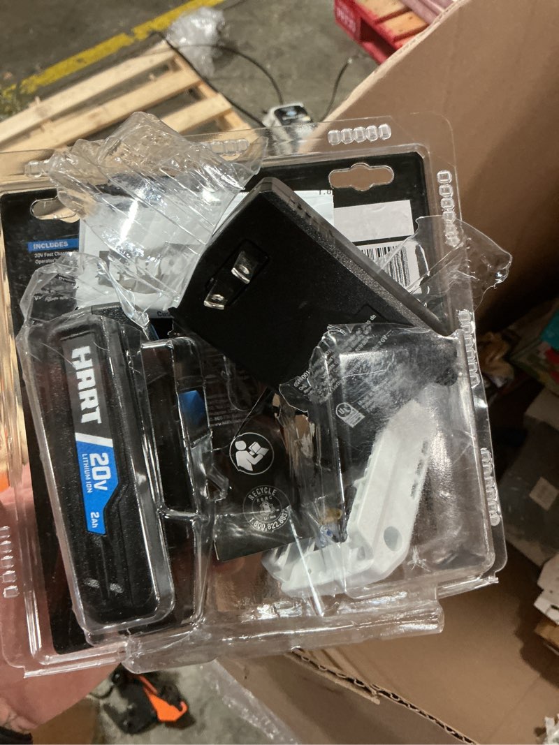 Condition photo showing As Is for hart 20-volt lithium-ion 2.0ah battery and 2amp fast charger