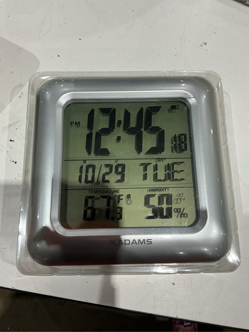 Condition photo showing Good Condition for kadams bathroom clock 9.5" kitchen wall clock with large lcd screen – shower clock with suction cup,temperature, humidity, calendar – water-resistant, 4 mounting options, silver