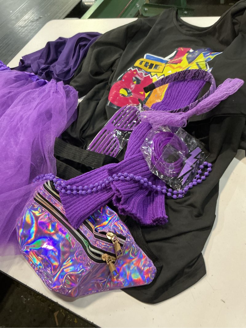 Condition photo showing Good Condition for 80s outfit women costume accessories set, t-shirt tank top leggings tutu skirt fanny pack for halloween, 80s neon party size xxxl