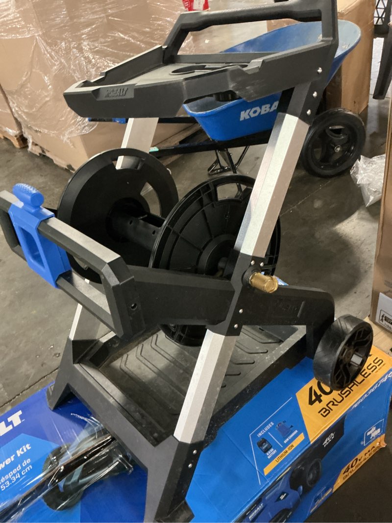 Condition photo showing As Is for kobalt aluminum 200-ft cart hose reel