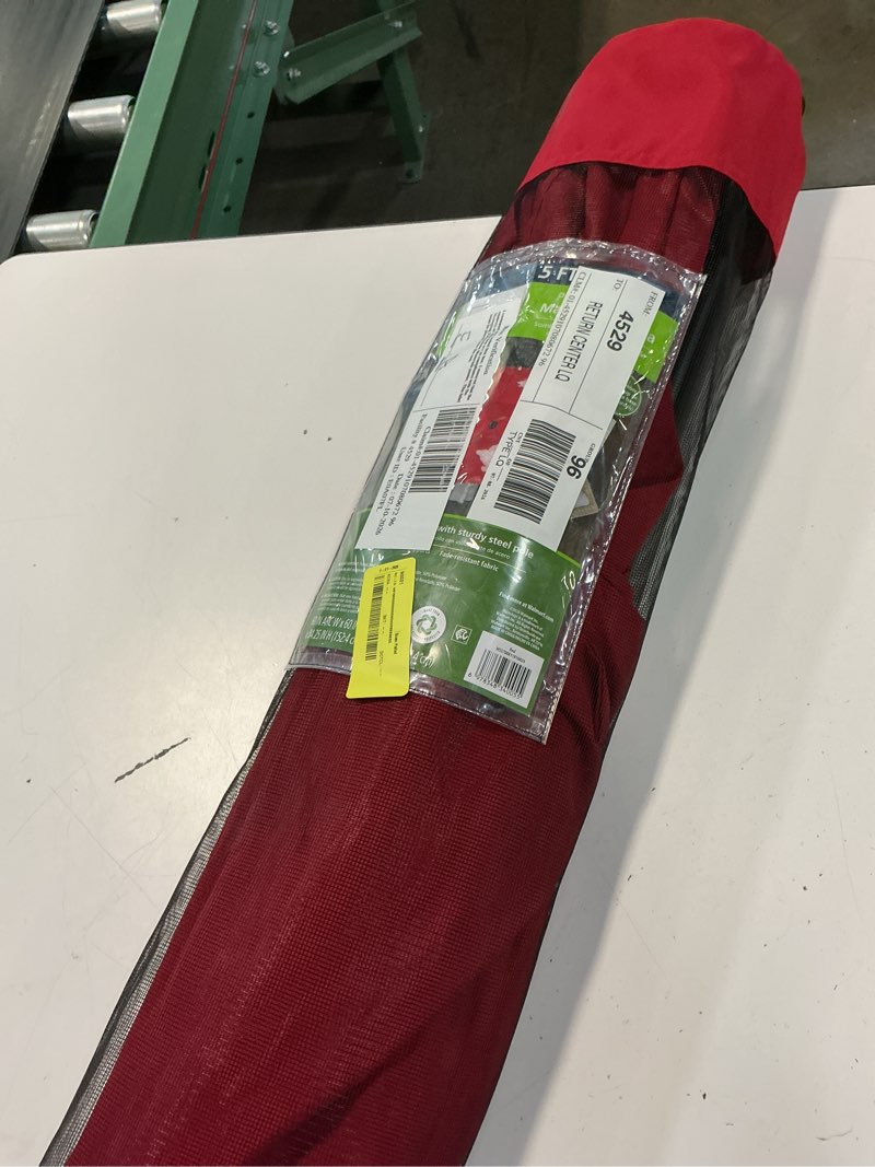 Condition photo showing As Is for mainstays 5ft square red market patio umbrella, push-up
