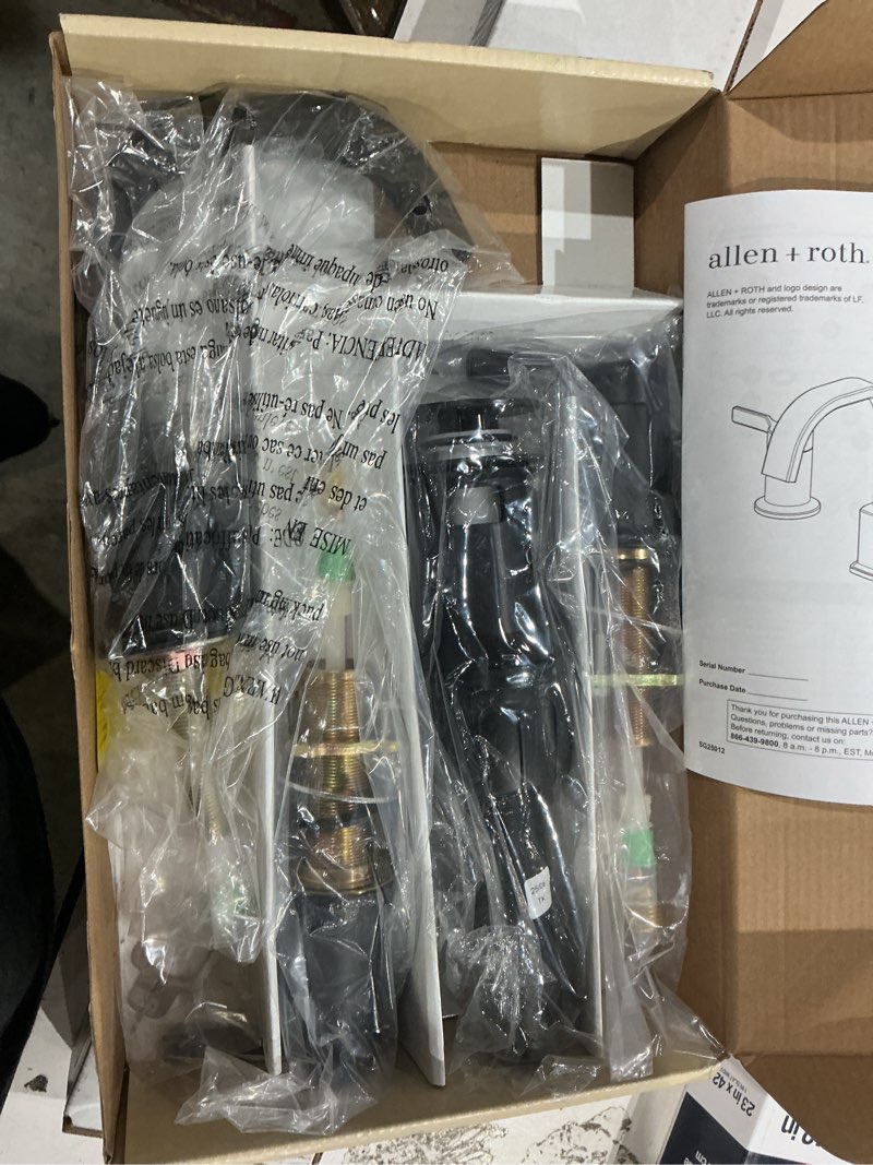 Condition photo showing As Is for allen + roth veda matte black widespread 2-handle watersense high-arc residential handle bathroom sink faucet with drain