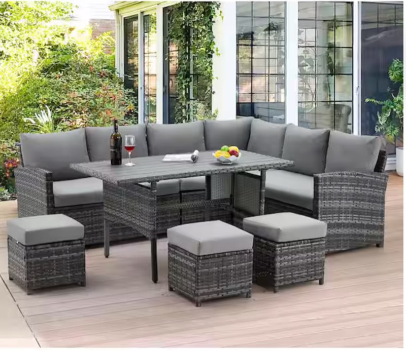 7-Piece Wicker Patio Conversation Set with Gray Cushions (Incomplete, Box 2/3 )