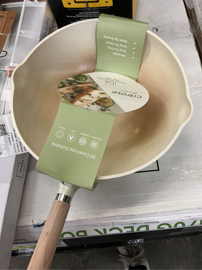 Condition photo showing As Is for carote nonstick wok with induction 12" non-stick saute pan, all stoves compatible, bon appetit, white granite, 5.8qt