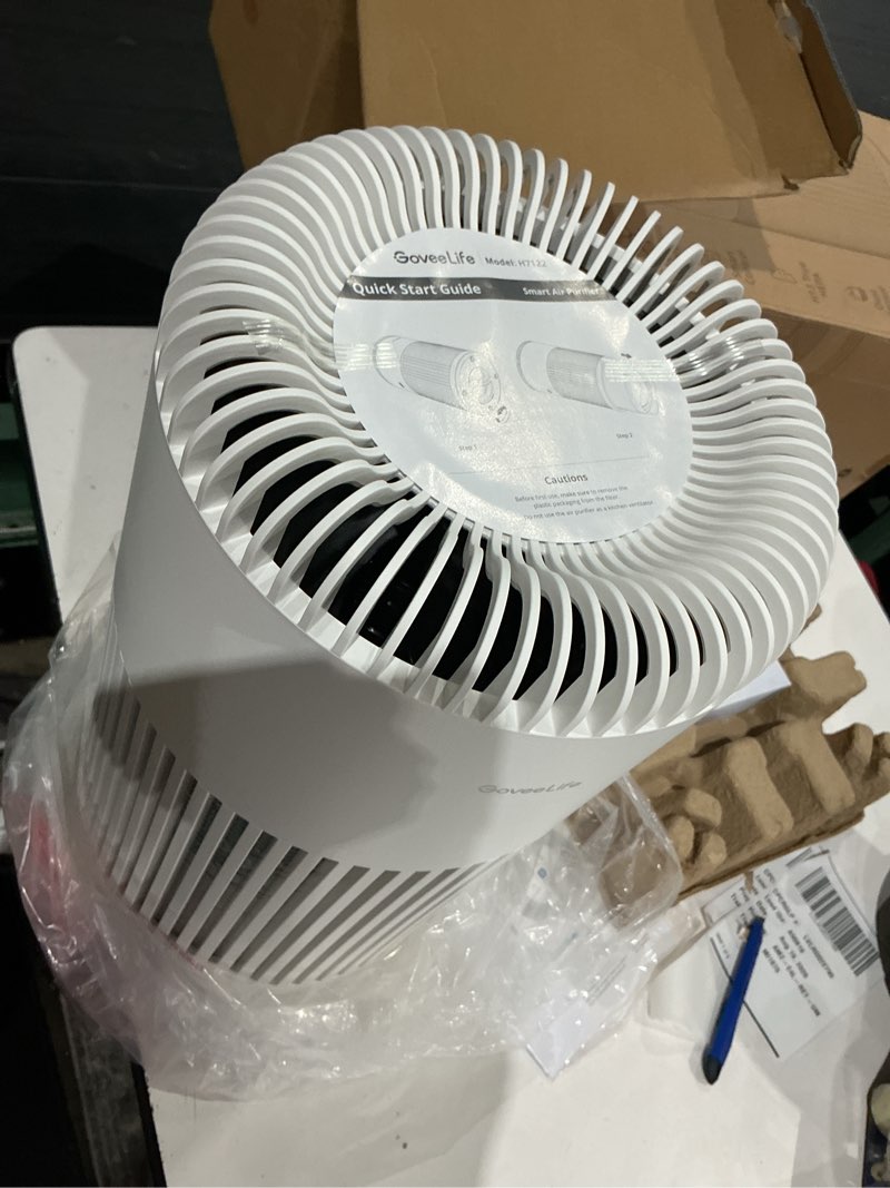 Condition photo showing As Is for goveelife smart air purifier for home large room up to 1524 sq.ft.with washable filter, integrated pm 2.5 air quality sensor,wifi, air purifier for smoke, wildfire, pet hair,24db, white
