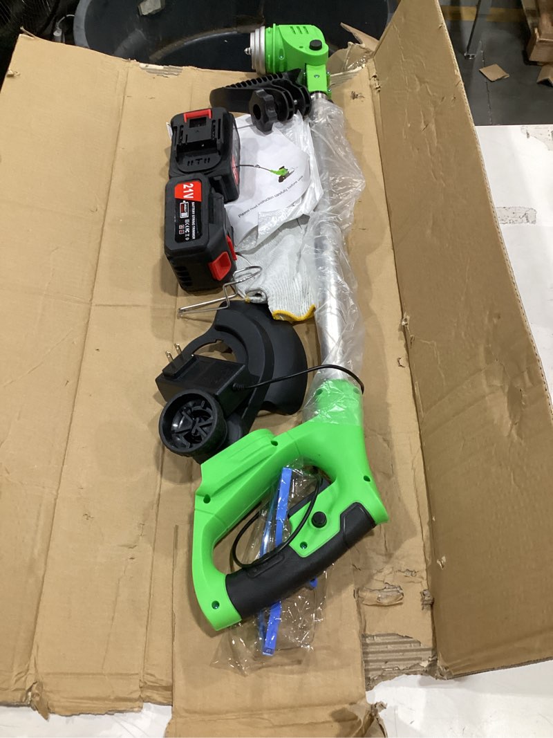 Condition photo showing As Is for cordless weed wacker,21v weed electric eater battery powered | 2pcs 4.0ah batteries,3 types blades,lightweight,3 in 1 brush cutter/grass trimmer/lawn edger green