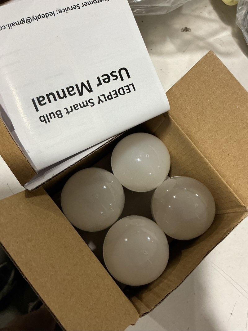 Condition photo showing As Is for a15 led smart bulb, 5w=40w,compatible with alexa google assistant, e12 base, g45 ceiling fan light bulbs, 2.4g wifi only, 4 pack pack of 4