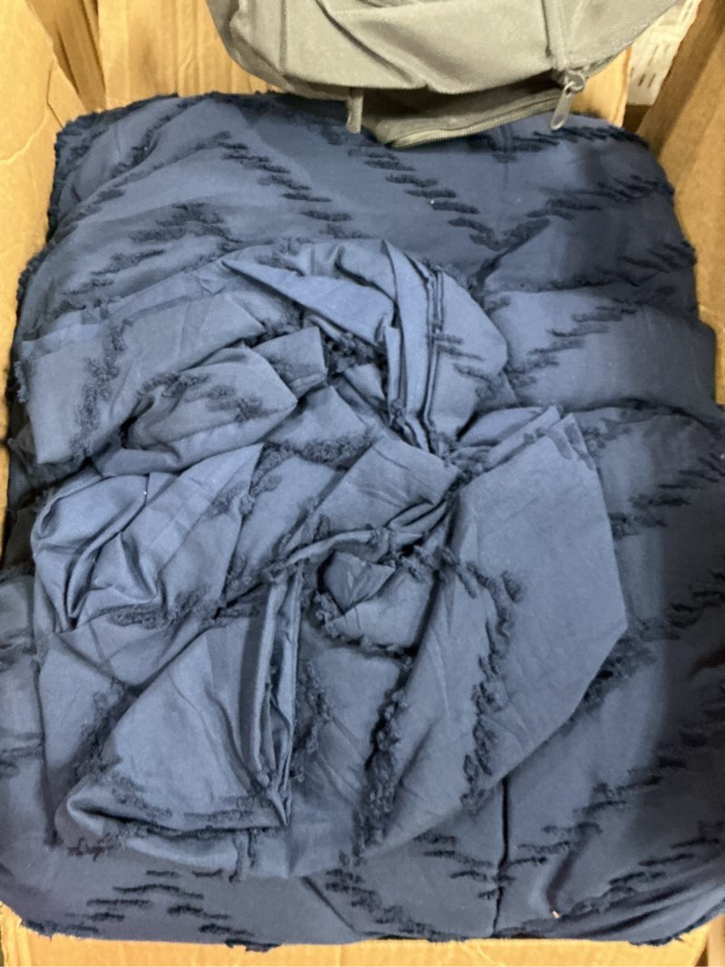 Condition photo showing Good Condition for Andency Navy Blue California King Comforter Set, Boho Cal King Soft Warm Tufted Neutral Bedding Comforter Sets, 3 Pieces Cali King Aesthetic Chevron Farmhouse Cute Bohemian Textured Bedding Set 12 - Navy Blue California King (104"x96")