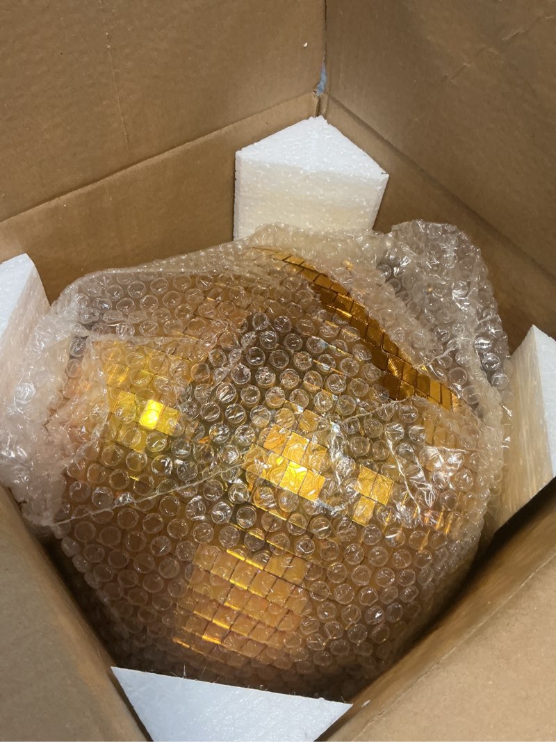 Condition photo showing New/Like New for 12-inch large disco ball with 20pcs replacement mirror, gold mirror ball disco ball decor for dj, club, parties, weddings, party events, gold large disco balls 12inch gold